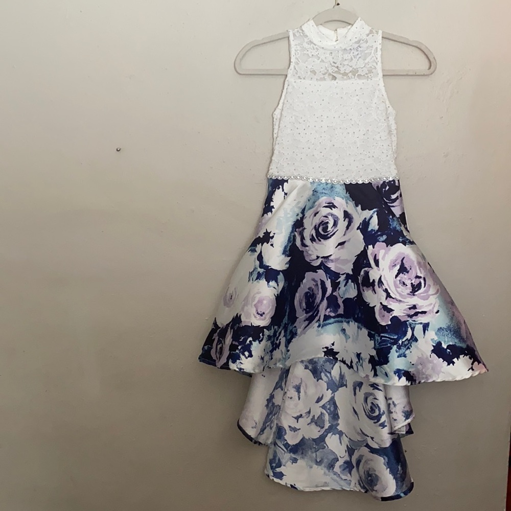 White/Blue Floral High-Low Dress, Size 10